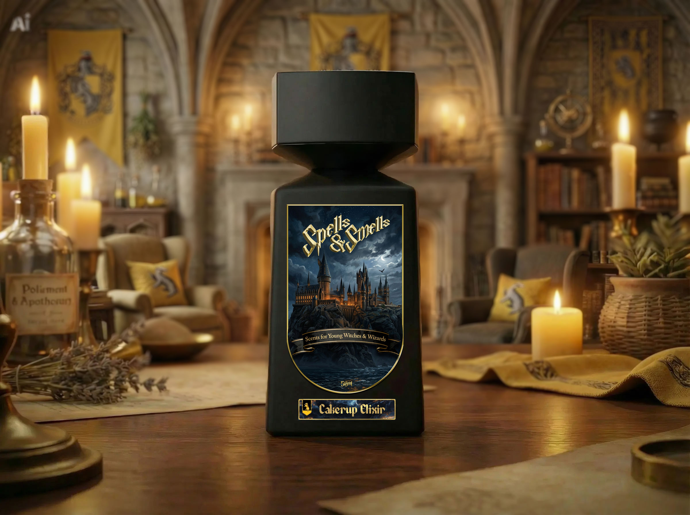 Black Cakerup Elixir fragrance bottle in a warm candlelit room