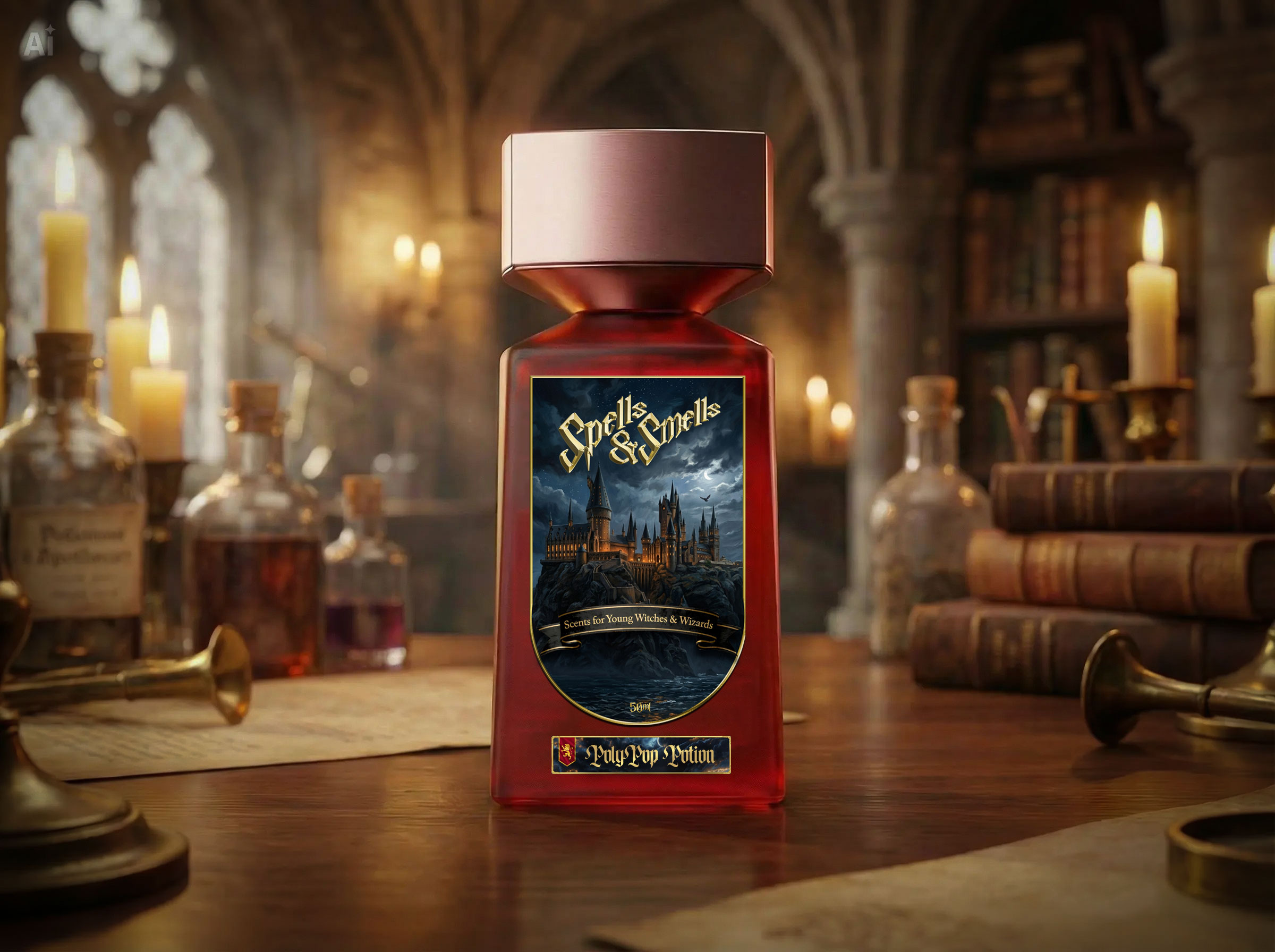 Red PolyPop Potion fragrance bottle in a candlelit apothecary